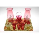 Collection of Victorian and later cranberry glass and pair of vaseline glass vases