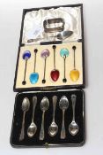 Set of six silver and enamel coffee spoons, silver napkin ring,