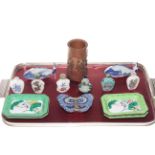 Chinese bamboo brush pot, four small Chinese enamel dishes, Chinese enamel butterfly box,