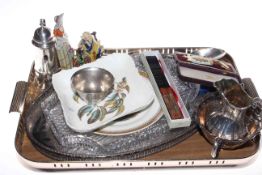 Assorted silver plated ware, boxed medal, fan, figures,