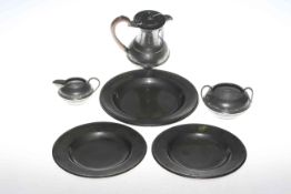 Pewter three piece tea set and two pairs of London pewter plates