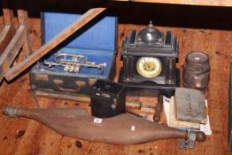 Victorian slate clock, cornet in case, yoke, box camera, cigarette cards,