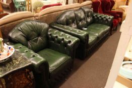 Bottle green deep buttoned leather three seater Chesterfield settee and chair