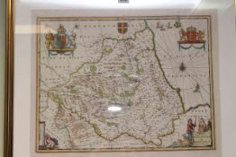 Hand coloured map of Durham, probably by Blaeu, plate 380mm by 500mm,