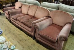 Edwardian three piece lounge suite on ball and claw legs in rose pink draylon