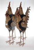 Pair of metal models of cocks and pair of hens