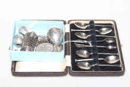Set of six silver teaspoons, cased with tongs; silver lighter,