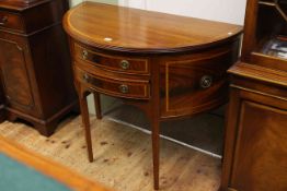 George III style inlaid mahogany demi lune sideboard of small proportions, 81.
