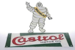 Two cast metal motor signs 'Castrol' and 'Michelin'