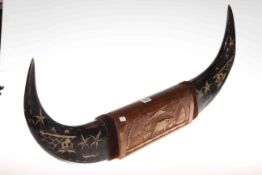 Pair of etched horns on wooden mount