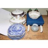 Spode Stafford Flowers tureen with box, Coalport 'Blue Wheat' tureen, Minton Haddon Hall bowl,