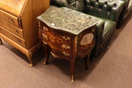 Continental marble topped and inlaid three drawer serpentine front chest