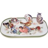 Collection of eight Royal Crown Derby paperweight including birds, cat,