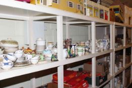 Full shelf of china, glassware, cutlery, metalware, tea and dinner ware,