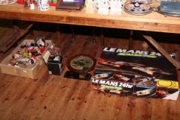 Le Mans 24hr Scalextric, two book slides, circular picture, dolls,