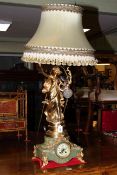 Large gilt lady figure table lamp/clock on green marble base