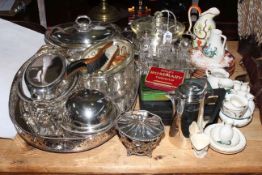 Silver plated tray, tureens and other silver plate, Goss and other commemorative china,