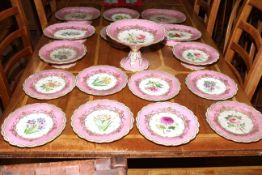 Victorian porcelain seventeen piece dessert service with hand painted floral decoration surrounded