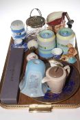 Silver plated and glass biscuit barrel, Royal Doulton character jug, kitchen storage jars,