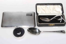 Heavy silver cigarette case, Victorian silver spoon,