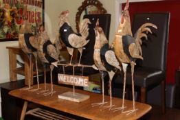 Pair of modern tin plate models of cocks, pair of hens,
