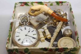 Silver pocket watch, meerschaum pipe, 19th Century bone pill box,