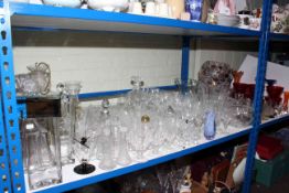 Collection of glassware including light fitting, decanters, vases,
