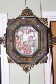 Religious scene porcelain plaque in ornate ebonised and gilt metal mounted frame