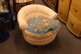 Victorian tub chair on turned legs with floral needlework cushion