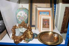 Pair of gilt mirrors, pictures, Oriental lidded jar, brass,