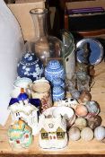 Staffordshire pastille burners, ginger jars, photograph frames, glass vase, onyx eggs,