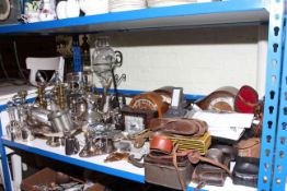 Five mantel clocks, vintage cameras, binoculars, silver plated ware, pair of brass candlesticks,