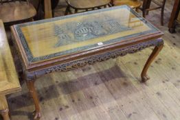 Oriental carved rectangular coffee table on cabriole legs to claw feet,