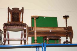 Victorian oak side chair, folding bridge table, two wall racks, stool,