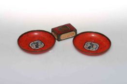 Pair of Japanese lacquer dishes and matchbox holder