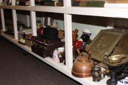 Full shelf of metalware, Masonic, bowler hat, kitchen scales, china, glass, pictures,