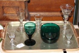 19th Century green glass rincer and wine glass, 19th Century Wrythen ale glass,