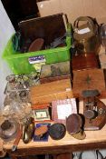 Brass watering can, binoculars, cameras, boxed compass, travelling clock and calendar,
