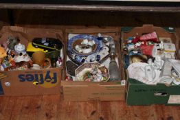 Three boxes of figures, Ringtons, blue and white, collectors plates, teapots, glass decanter,