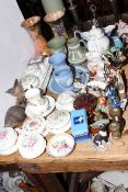 Pair of Maling vases, Wedgwood Jasperware, pottery trinket boxes, bird ornaments,