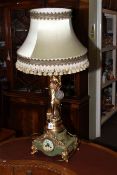 Large gilt lady figure table lamp/clock on green onyx base with silk shade