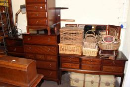 Stag Minstrel six piece bedroom suite comprising triple mirror dressing table, seven drawer chest,