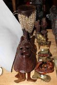 African drum, carved wood figures,