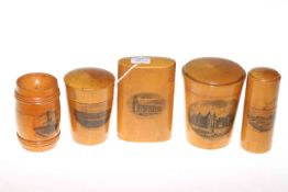 Mauchline Ware: four cases, Esplanade, Bognor, Alnmouth from the West, Holyrood Palace,