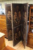 19th Century leather four fold screen with floral decorated panels