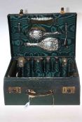 Green hide dressing case with silver topped toilet bottles and brush set