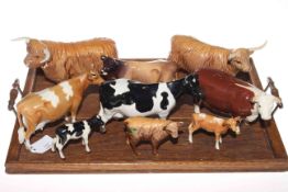 Beswick Highland cow, bull and calf, Freisan cow and calf,