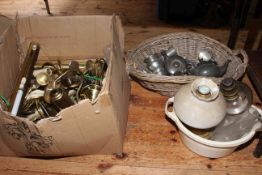 Collection of picture lights, wicker basket and pewter,