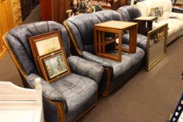 Blue leather and polished wood framed two seater three piece lounge suite,