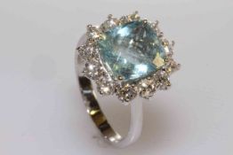 18 carat gold, cushion shaped aquamarine and round brilliant cut diamond cluster ring,